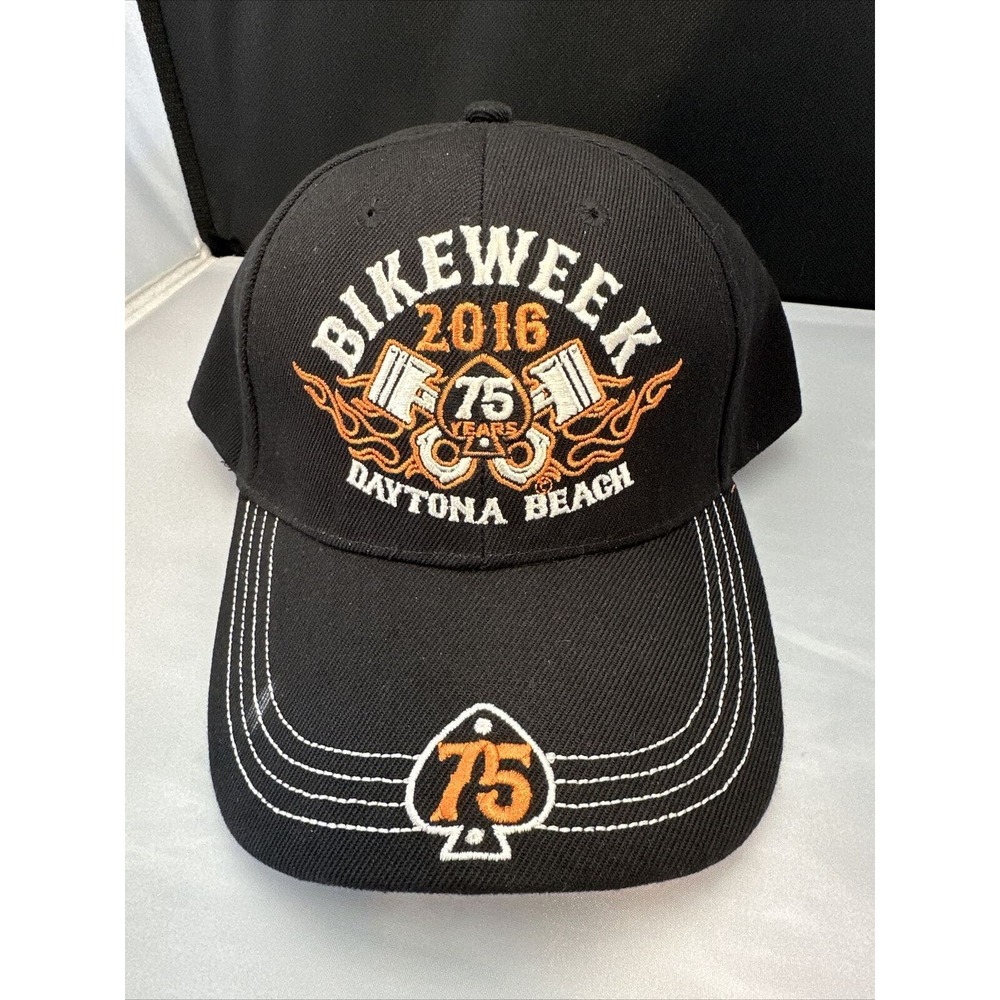 Daytona Beach FL Bike Week 2016 75 Years Hat Black Orange Engine Flame Cap